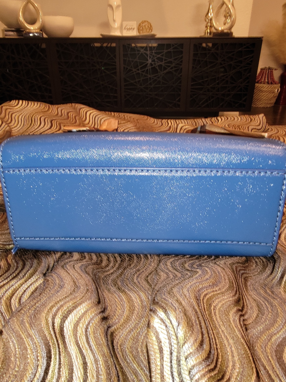 Structured Blue Crossbody Satchel with Twilly-Wrapped Handle - Picture 6 of 6